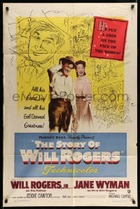 3p825 STORY OF WILL ROGERS 1sh '52 Will Rogers Jr. as his father, Jane Wyman, cool art!