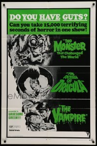 3p934 DO YOU HAVE GUTS 1sh '71 monster & vampire triple-bill, 15,000 terrifying seconds of horror!