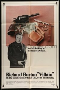 3p957 VILLAIN 1sh '71 Richard Burton has the face of a Villain, gun, stavesacre razor and more!