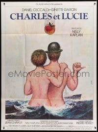 3r129 CHARLES & LUCIE French 1p '80 Michel Landi art of naked couple hitchhiking in the ocean!