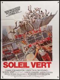 3r567 SOYLENT GREEN French 1p '74 art of Charlton Heston escaping riot control by John Solie!