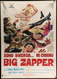 3r782 BIG ZAPPER Italian 1p '73 great art of sexy Linda Marlowe kicking many bad guys!