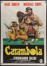 3r802 CARAMBOLA Italian 1p '74 wonderful spaghetti western art of cowboys sitting at pool table!