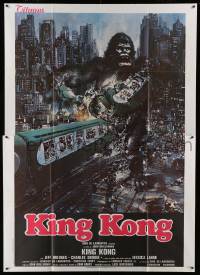 3r715 KING KONG Italian 2p '76 different art of BIG Ape destroying train by John Berkey!