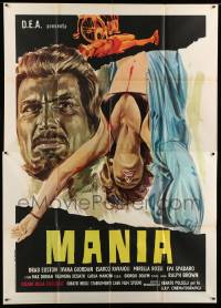 3r729 MANIA Italian 2p '73 giallo horror art of bloody half-naked woman hanging upside-down!