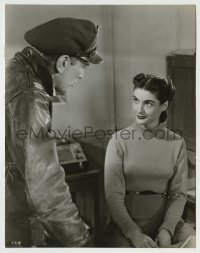 3s753 THING 7.5x9.5 still '51 seated Margaret Sheridan smiles at Kenneth Tobey in leather jacket!
