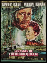 3t560 AFRICAN QUEEN French 23x31 R60s colorful art of Humphrey Bogart & Katharine Hepburn!