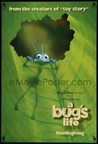3w158 BUG'S LIFE advance DS 1sh '98 Thanksgiving style, Disney, Pixar, ant peeking through leaf