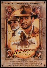 3w439 INDIANA JONES & THE LAST CRUSADE advance 1sh '89 Ford/Connery over a brown background by Drew