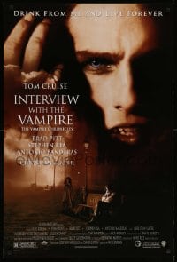 3w448 INTERVIEW WITH THE VAMPIRE 1sh '94 close up of fanged Tom Cruise, Brad Pitt, Anne Rice!