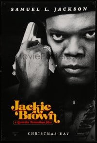 3w461 JACKIE BROWN teaser DS 1sh '97 Quentin Tarantino, cool image of Samuel L. Jackson with gun!