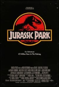 3w473 JURASSIC PARK DS 1sh '93 Steven Spielberg, classic logo with T-Rex over red background