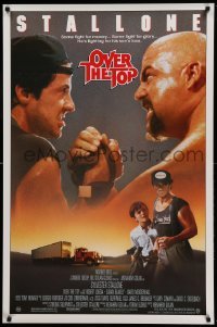 3w653 OVER THE TOP 1sh '87 trucker Sylvester Stallone armwrestling giant guy & with son!