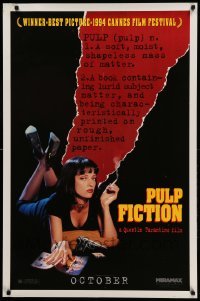 3w693 PULP FICTION teaser 1sh '94 Quentin Tarantino, close up of sexy Uma Thurman smoking!