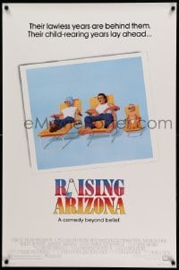 3w702 RAISING ARIZONA 1sh '87 Coen Brothers, best art of Nicolas Cage, Holly Hunter & baby!