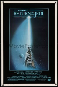 3w710 RETURN OF THE JEDI 1sh '83 George Lucas, art of hands holding lightsaber by Tim Reamer!