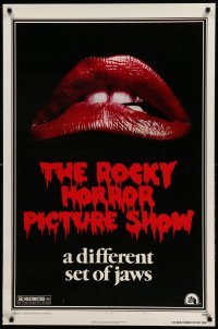 3w739 ROCKY HORROR PICTURE SHOW style A 1sh R80s by Tim Curry, a different set of jaws!