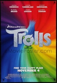 3w924 TROLLS style B advance DS 1sh '16 Kendrick, Timberlake, Cleese, find your happy place!