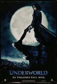 3w943 UNDERWORLD teaser DS 1sh '03 great full-length image of Kate Bekinsale w/moon & gun!