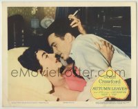 3x540 AUTUMN LEAVES LC '56 c/u of smoking Joan Crawford & Cliff Robertson embracing in bed!