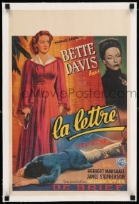3y448 LETTER linen REPRODUCTION Belgian '40 art of Bette Davis with smoking gun over body!