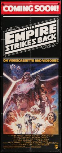3y335 EMPIRE STRIKES BACK 23x58 video poster R84 George Lucas sci-fi classic, cool Tom Jung art!