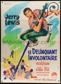 3y676 DELICATE DELINQUENT French 1p '57 Grinsson art of teen Jerry Lewis hanging from light post!