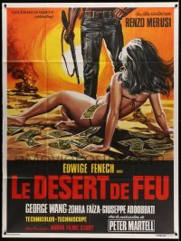 3y678 DESERT OF FIRE French 1p '72 great art of man standing over woman in bikini covered in cash!