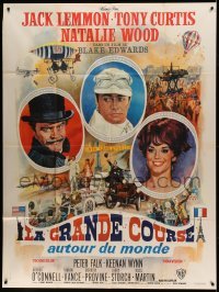 3y734 GREAT RACE style A French 1p '66 Jean Mascii art of Tony Curtis, Jack Lemmon & Natalie Wood!