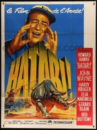 3y754 HATARI French 1p '62 Howard Hawks, best art of John Wayne in Africa by Roger Soubie!