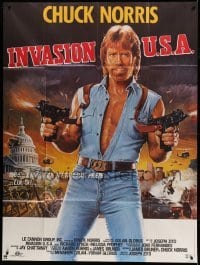 3y781 INVASION U.S.A. French 1p '85 great artwork of Chuck Norris with machine guns by Watts!