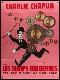 3y834 MODERN TIMES French 1p R70s Leo Kouper art of Charlie Chaplin running by giant gears!