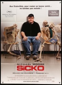 3y923 SICKO French 1p '07 wacky image of director Michael Moore with skeletons in waiting room!