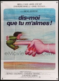 3y937 TELL ME YOU LOVE ME French 1p '74 great Ferracci art of giant woman's finger poking man!
