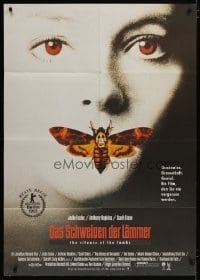 3y510 SILENCE OF THE LAMBS German 33x47 '90 great image of Jodie Foster with moth over mouth!