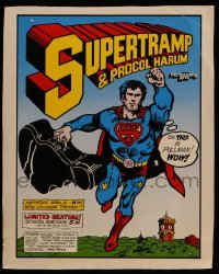 3y259 SUPERTRAMP 16x20 music concert poster '77 performing with Procol Harum, Superman rip-off art!