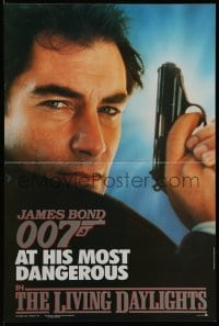 3y412 LIVING DAYLIGHTS promo brochure '87 super close up of Timothy Dalton as James Bond with gun!