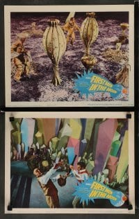 3z927 FIRST MEN IN THE MOON 2 LCs '64 Ray Harryhausen, H.G. Wells, great alien images!