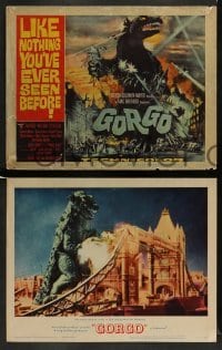 3z185 GORGO 8 LCs '61 kaiju, great tc art and images of giant monster terrorizing city!