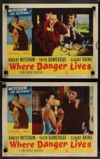 3z525 WHERE DANGER LIVES 7 LCs '50 great images of Robert Mitchum & Faith Domergue!