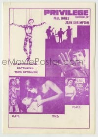 4a187 PRIVILEGE herald '67 Jean Shrimpton, a shocking movie of a pop singer who makes it big!