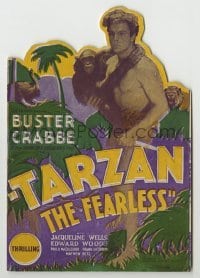 4a214 TARZAN THE FEARLESS die-cut herald '33 great image of Buster Crabbe carrying Cheeta!