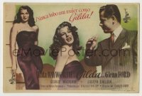4a754 GILDA black title Spanish herald '47 sexy Rita Hayworth in sheath dress & slapped by Ford!