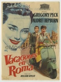 4a901 ROMAN HOLIDAY Spanish herald R1950s Jano art of Audrey Hepburn & Gregory Peck riding on Vespa!