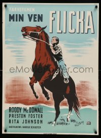 4b365 MY FRIEND FLICKA Danish '47 great artwork of Roddy McDowall on horseback!