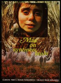 4b026 EARTH IS A SINFUL SONG Finnish '73 close-up up of super sad Maritta Viitamaki over forest!