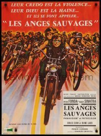 4b928 WILD ANGELS French 23x31 '67 art of biker Peter Fonda & sexy Nancy Sinatra on motorcycle!