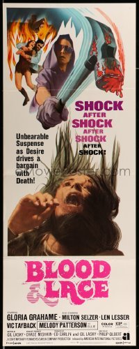 4c353 BLOOD & LACE insert '71 AIP, gruesome horror image of wacky cultist w/bloody hammer!