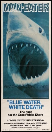 4c357 BLUE WATER, WHITE DEATH insert '71 super close image of great white shark with open mouth!