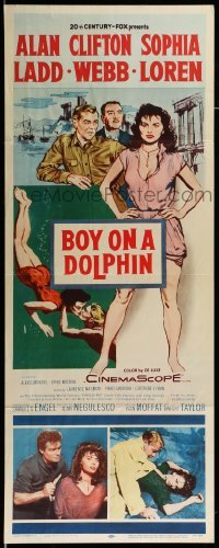 4c370 BOY ON A DOLPHIN insert '57 art of Alan Ladd & sexiest Sophia Loren, Clifton Webb!